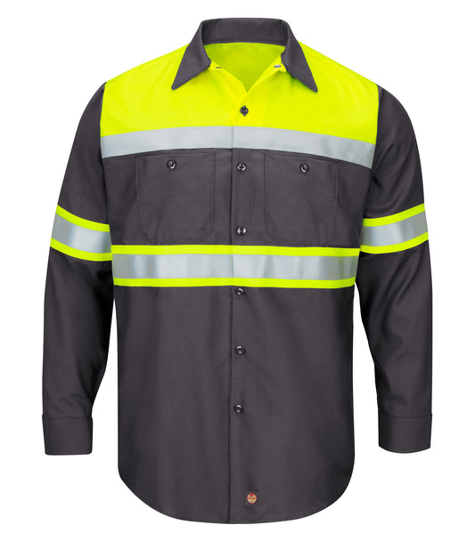 RED KAP&reg; HI-VISIBILITY COLOUR BLOCK LONG SLEEVE RIPSTOP WORK SHIRT – TYPE O, CLASS 1. SY70  Special Order - Feature Item